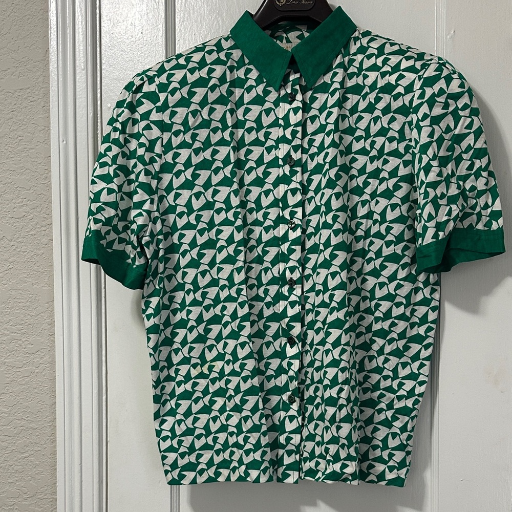 Vintage matching Green and White Geometric Short-Sleeve Button-Down with Shirt